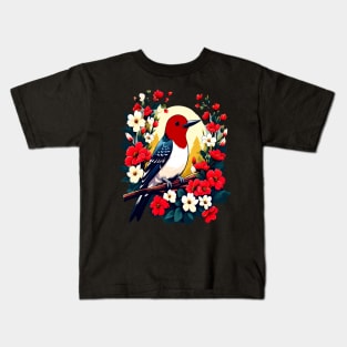 Cute Red Headed Woodpecker Surrounded by Vibrant Flowers Kids T-Shirt